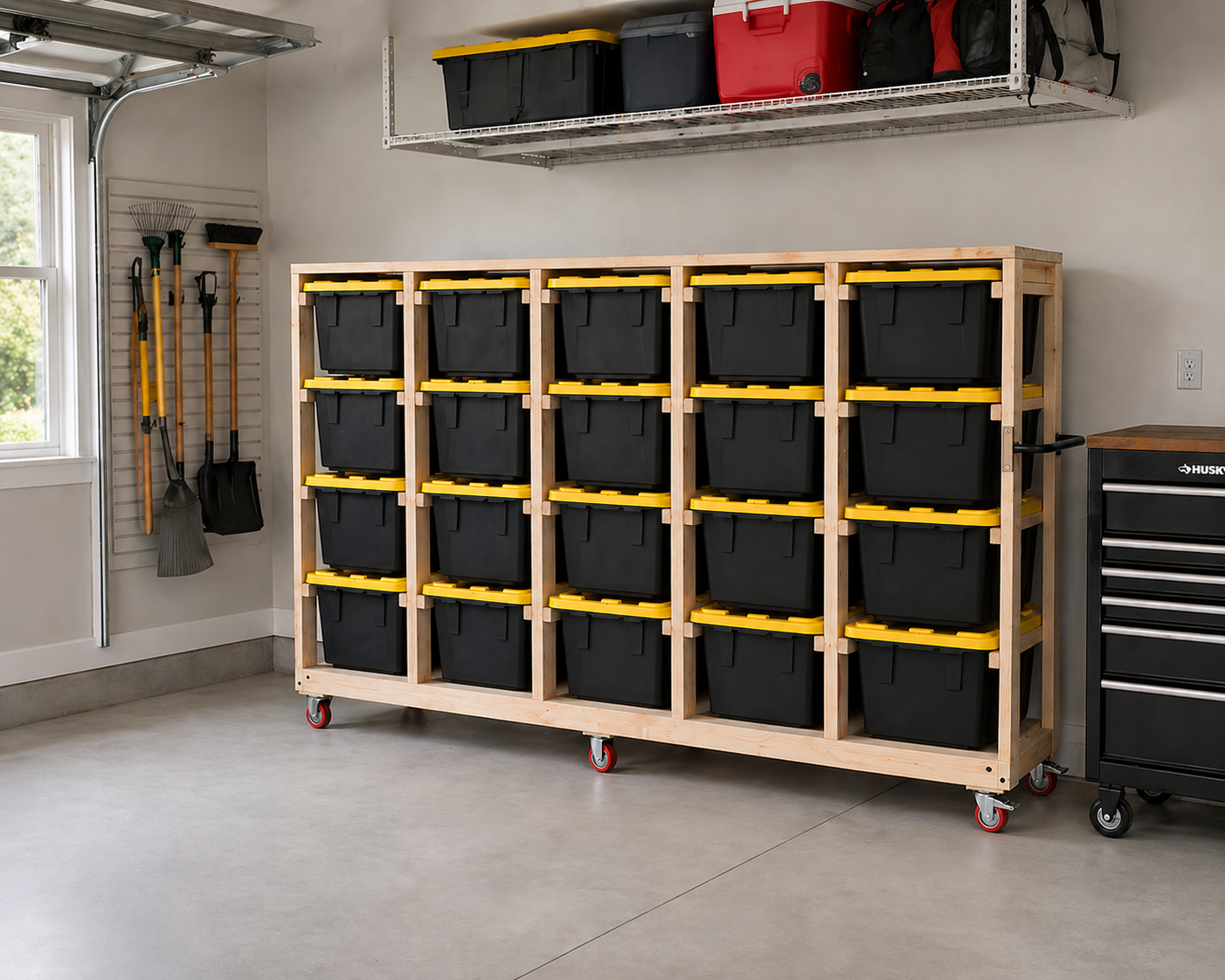 Custom garage storage unit with rolling bins