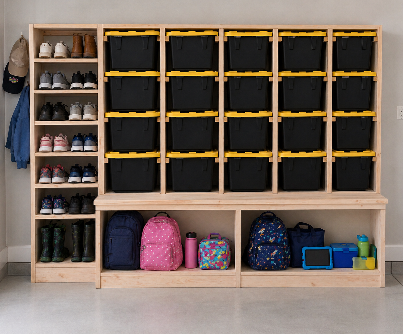 Mudroom shelving with shoe storage