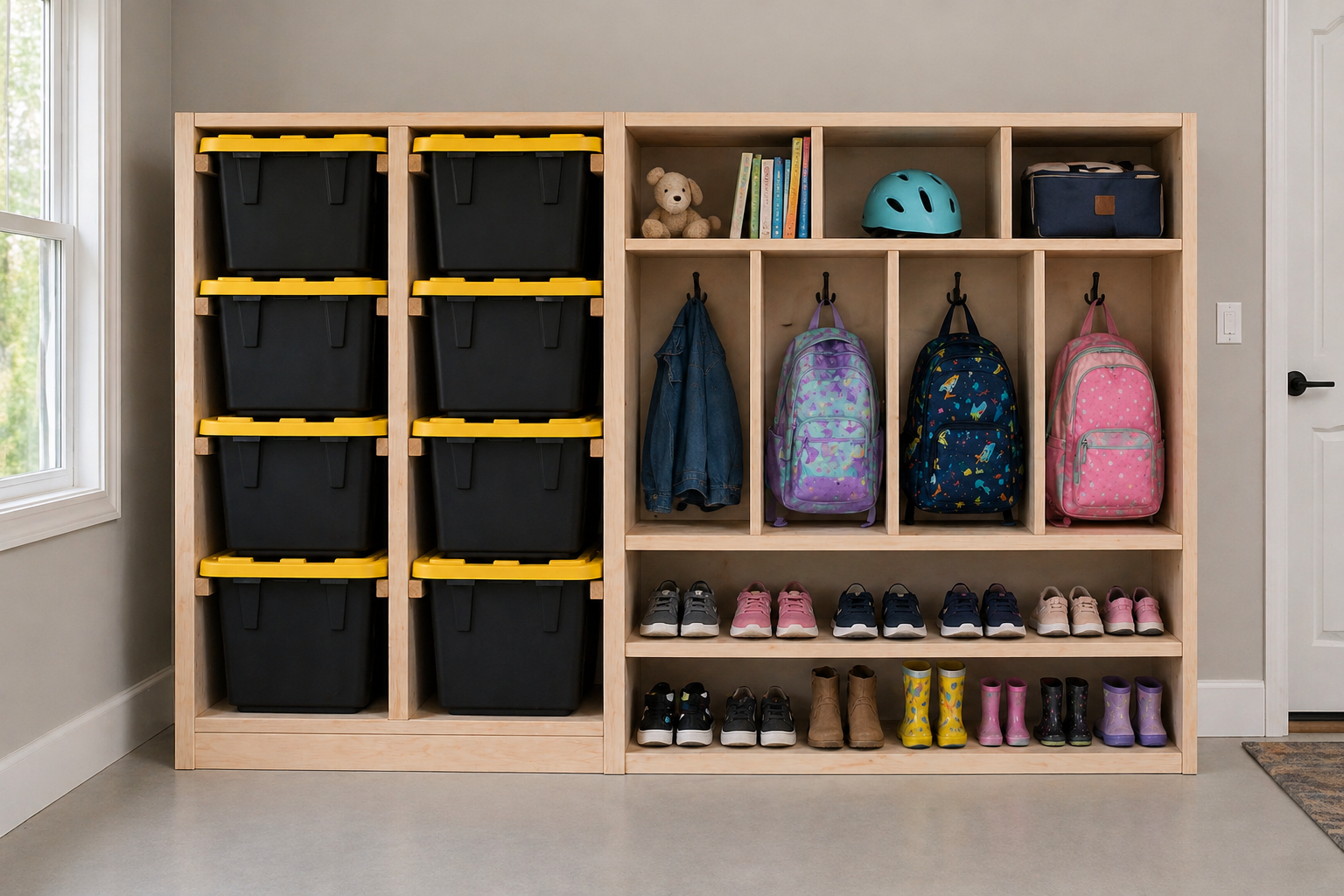 Freestanding bin and cubby storage system